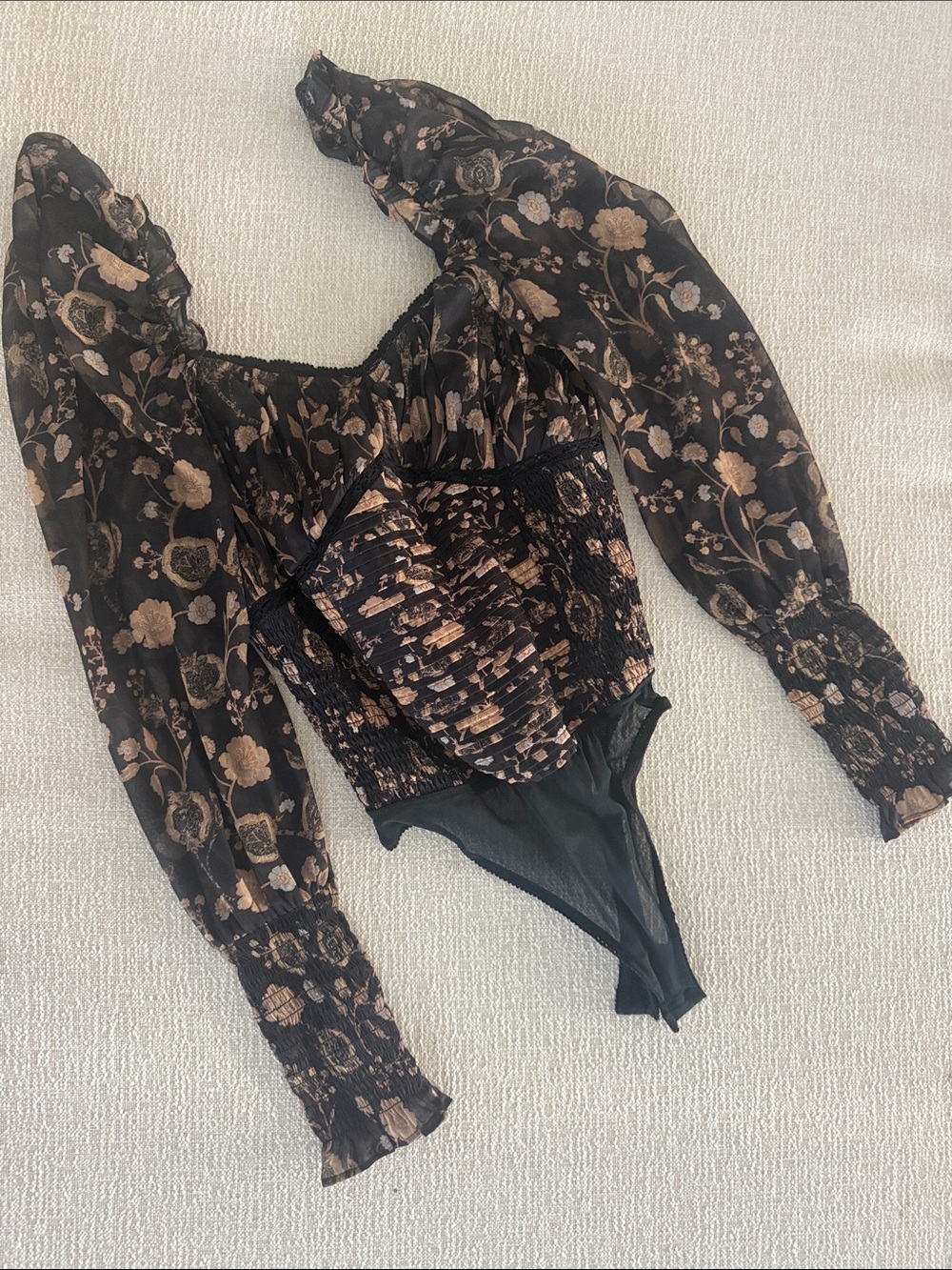 Free People Black Floral Puff-Sleeve Smocked Bodysuit with Beige Print